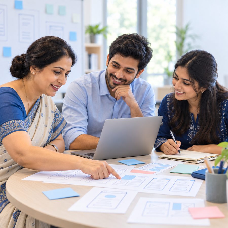 A school principal and two Capabble developers smile over app sketches and sticky notes at a round table