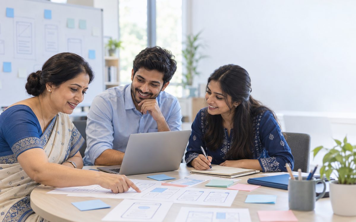 A school principal and two Capabble developers smile over app sketches and sticky notes at a round table
