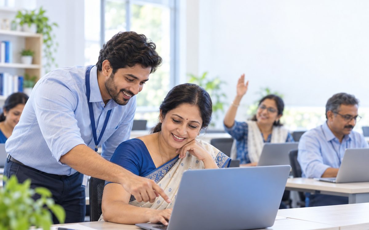 A Capabble trainer guides a teacher on a laptop while other teachers practise in a bright computer lab
